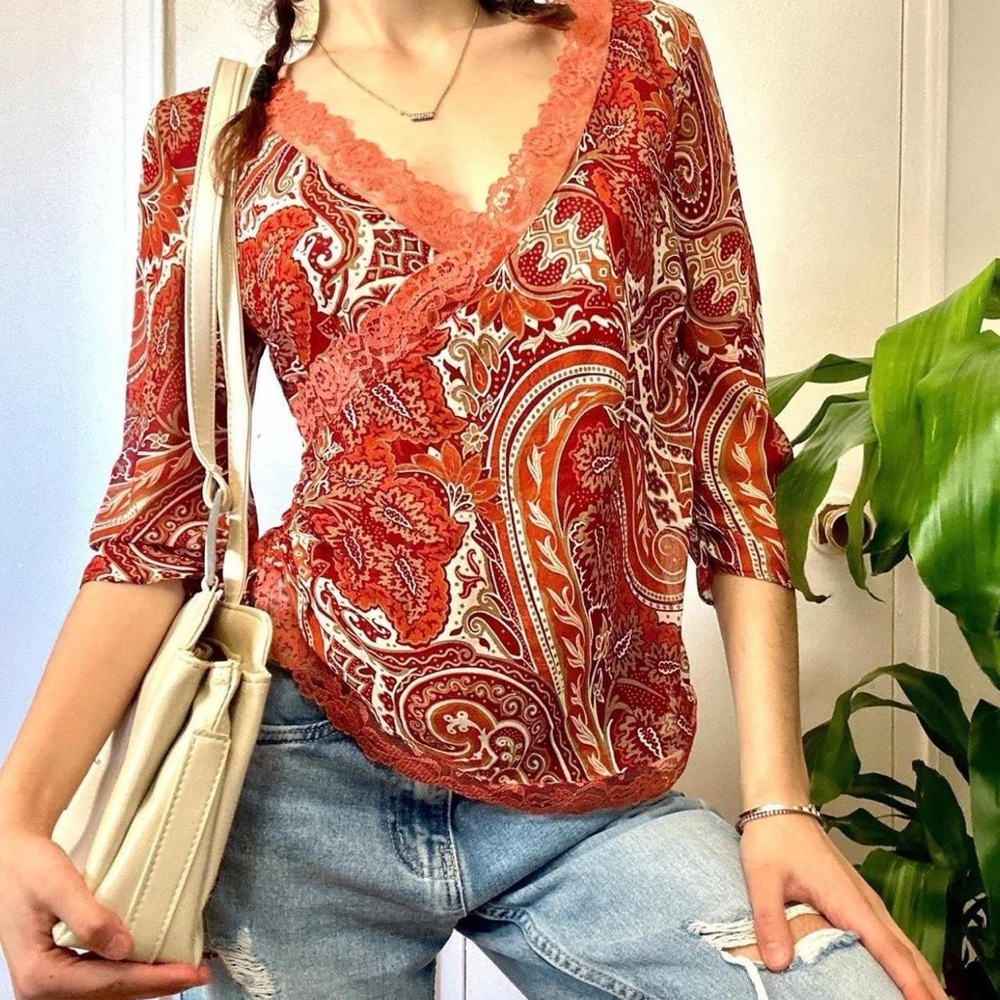 Banana Republic Paisley Top, Sheer Patterned Lace-Detailed